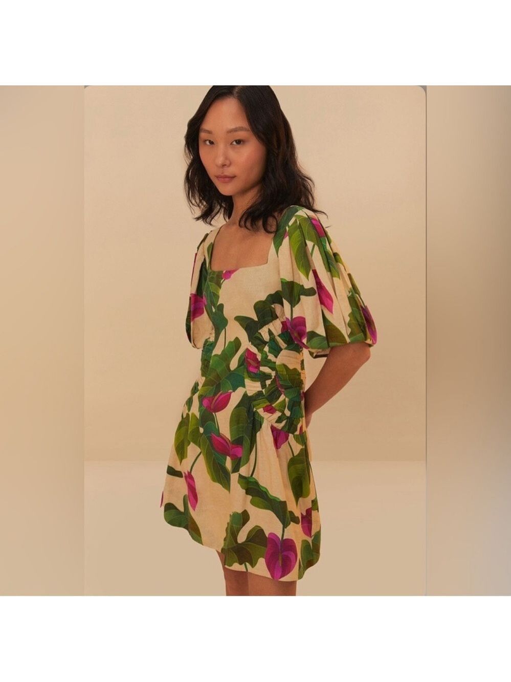 Farm Rio Sand Anthurium Leaves Mini Dress